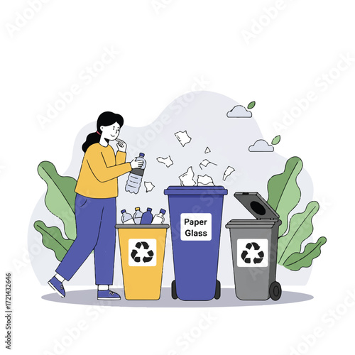A person thoughtfully sorts plastic bottles, paper, and glass into clearly labeled recycling bins, promoting environmental care in a clean 2D flat vector illustration with green plants.