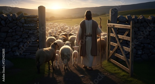 Jesus Shepherd of the Flock Guiding Sheep.