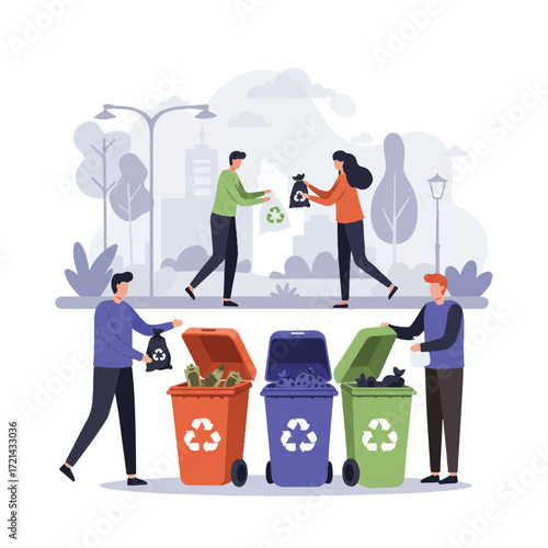 A vibrant 2D flat vector illustration shows a diverse group of people collaboratively sorting various types of waste into labeled recycling bins in a clean park setting.