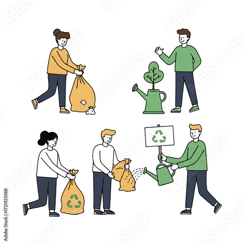 Diverse people actively participate in a community cleanup, collecting litter, watering a small tree, and promoting sustainability in a clean 2D flat vector illustration.