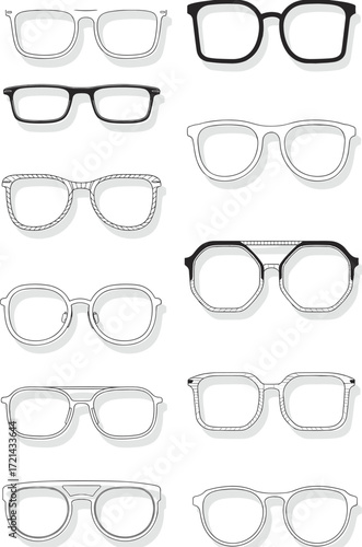 eyeglass frame Modern collection, vector illustration of stylish spectacles, optical fashion design, trendy eyewear shapes, minimal glasses template for branding