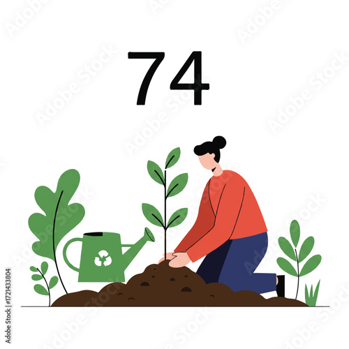 2D flat vector illustration of person planting a small sapling in fertile ground, surrounded by green plants and a watering can, symbolizing environmental care and growth.