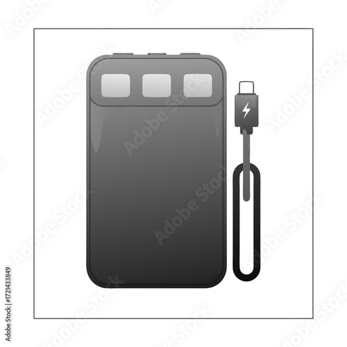 Close-up flat lay product shot of a portable power bank with USB-C cable, showing a sleek, dark gray design against a clean white