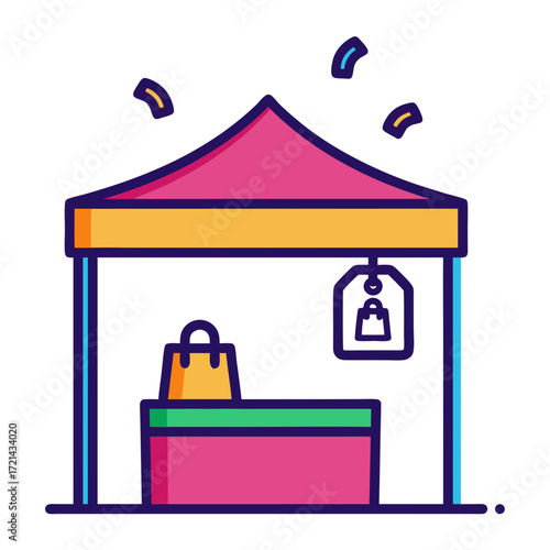 Flat lay illustration of a colorful market stall with shopping bags, price tags, and a vibrant canopy against a white background,