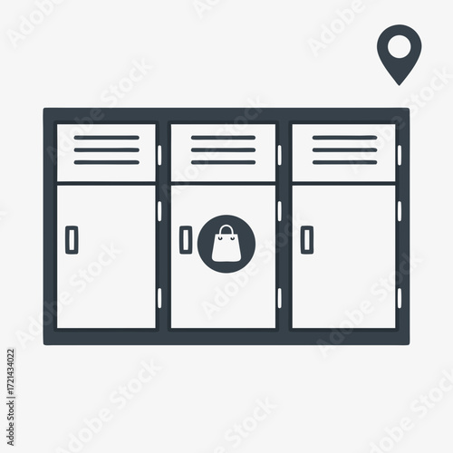 Flat lay of three gray lockers; one with a handbag icon, against a white background conveying a minimalist and organized mood.