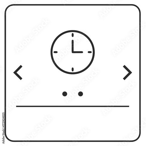 Flat lay close-up of a simple black and white clock interface with left and right arrows, conveying a neutral mood against a clean