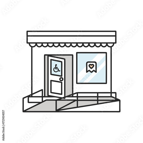 Accessible storefront illustration: flat design, open door with wheelchair symbol, ramp, heart logo in window, neutral color palette