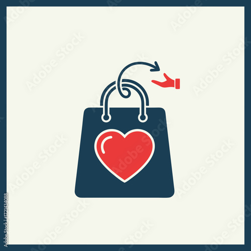 Flat lay illustration of a dark-blue shopping bag with a red heart, a hand gently placing the bag, conveying a caring and thoughtful
