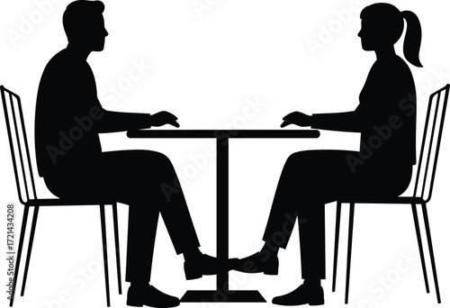 Man and woman sitting at table, couple conversation, dining together, cafe meeting, relationship talk, social interaction, restaurant scene, romantic illustration