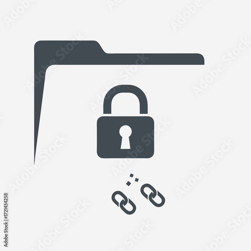Flat lay image of a locked folder icon with two chain link icons, representing data security and privacy, against a neutral gray
