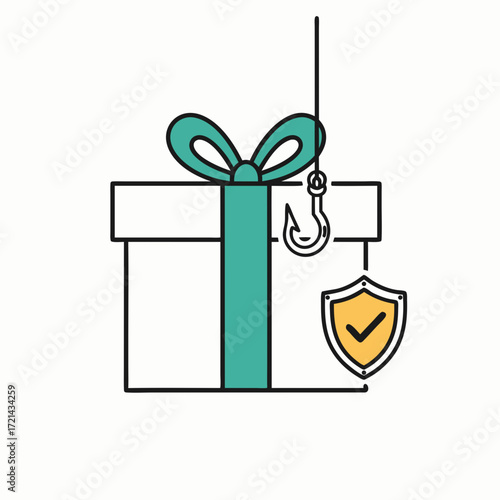 Flat lay image of a teal gift box with a ribbon, fishing hook, and a shield icon against a white background, illustrating a secure