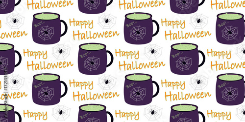 Witch Potion in Mug with Spider Cobweb and Letters Boo on it and Happy Halloween Text Seamless Fond