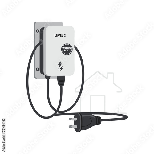 Close-up studio shot of a Level 2 home electric vehicle charger, featuring a grey and white design against a clean white background,