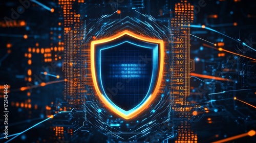 Digital cyber security shield icon with futuristic technology background and glowing network connections