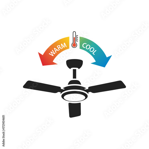 Overhead close-up of a ceiling fan with adjustable temperature settings, illustrated with warm and cool arrows, against a white