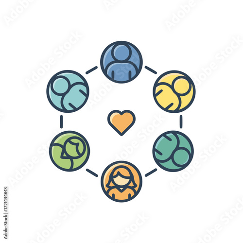 Flat lay illustration of a diverse group of people connected by lines forming a network, a central heart symbol representing