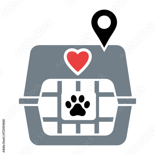 Flat lay image of a pet carrier with a heart and paw print, showcasing a pet adoption concept against a white background; conveying a
