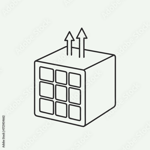 Line art illustration of a breathable material cube with upward arrows, depicting air circulation, in a minimalist style against a