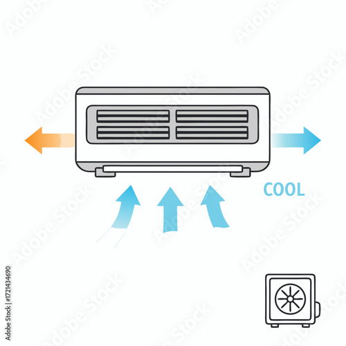 Flat lay illustration of a wall-mounted air conditioner unit, showing cool air distribution arrows against a white background,
