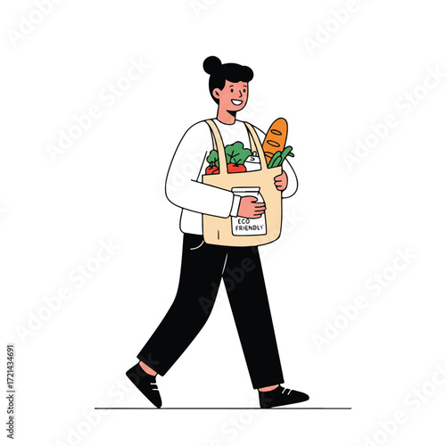 A cheerful person happily walks carrying a reusable tote bag full of fresh groceries and an eco-friendly package, depicted in a bright 2D flat vector illustration on a clean white background.