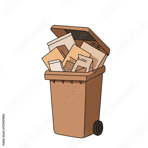A 2D flat vector illustration of an open recycling bin overflowing with clean, flattened eco-friendly packaging: cardboard, paper bags, and compostable wrappers, ready for collection on white.