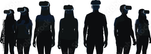 Group of people in VR headsets, silhouette vector illustration, virtual reality experience, immersive tech concept, digital interaction, modern entertainment