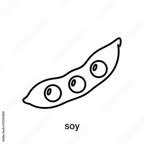 Line art illustration of a soy pod with three peas, simple design against a white background, showcasing a minimalist style with clean