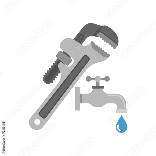 Flat lay illustration of a pipe wrench and a dripping faucet against a white background, conveying a need for repair; simple, grey