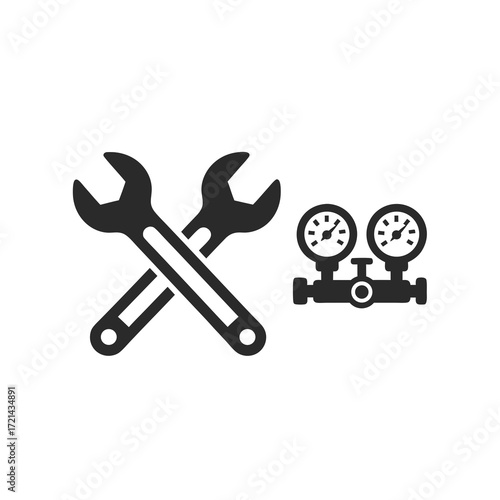 Close-up flat lay of crossed wrenches and dual pressure gauges, isolated on white background; monochrome graphic design element for