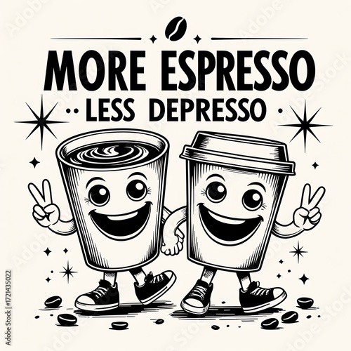 Mid-Century Retro Coffee Cups Cartoon with Bold Typography, Espresso Theme, and Playful Black and White Line Art