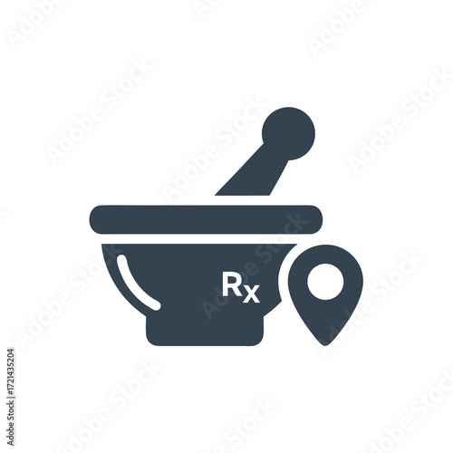 Flat lay image of a mortar and pestle with Rx symbol and location pin, depicting pharmaceutical services, against a clean white