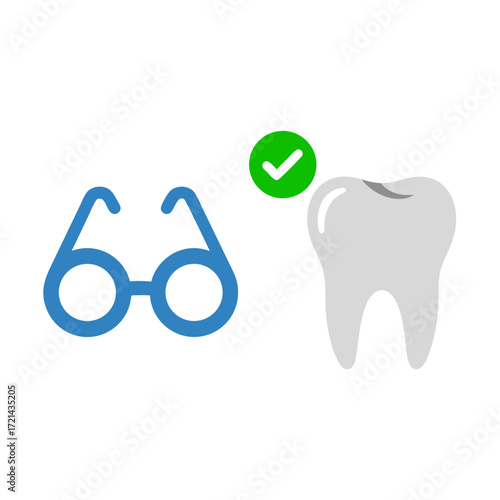 Simple flat-lay illustration of eyeglasses and a healthy tooth with a green checkmark, against a white background; conveying a clean