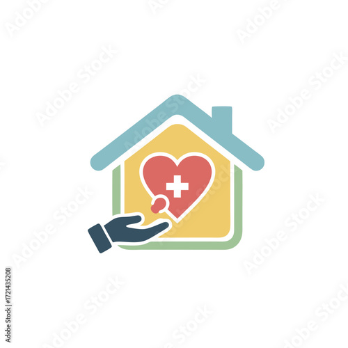 Flat-lay illustration of a hand offering a heart-shaped house icon with a plus sign, conveying care and support against a white