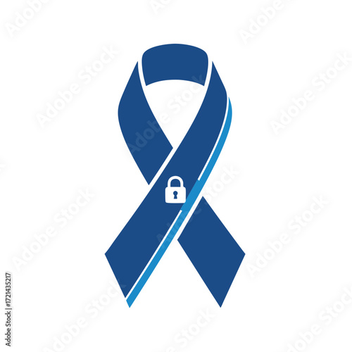 Blue awareness ribbon with a padlock icon, flat design illustration against a white background, symbolizing data privacy and security,