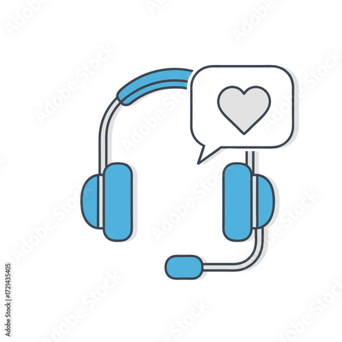 Flat lay illustration of blue customer support headset with a gray heart in a speech bubble, against a white background conveying a