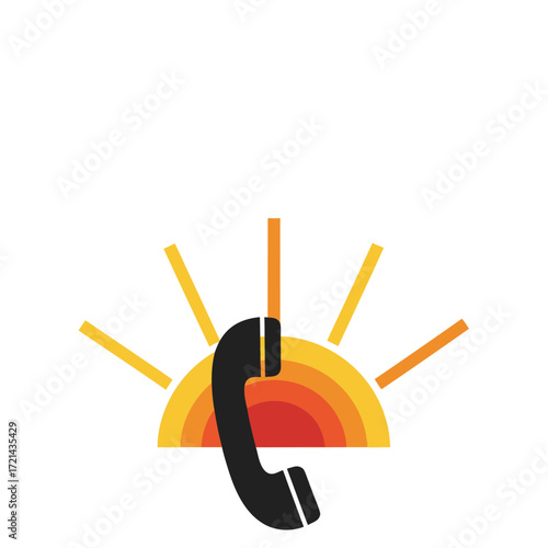 Sunrise graphic design element featuring a black telephone handset against a warm, orange and yellow sunburst background, simple flat