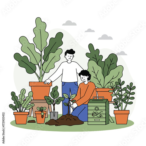 A happy person plants a sapling in a lush home garden with potted plants and a composting bin in this flat 2D vector, emphasizing sustainable urban gardening.