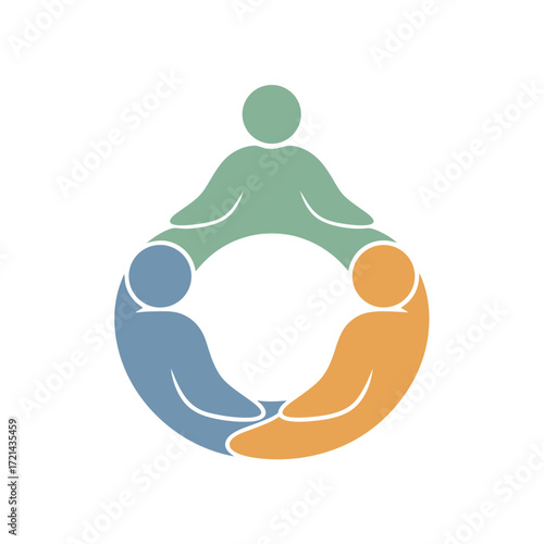 Flat-lay illustration of three people forming a circle, symbolizing unity and teamwork, with pastel colors against a white background.