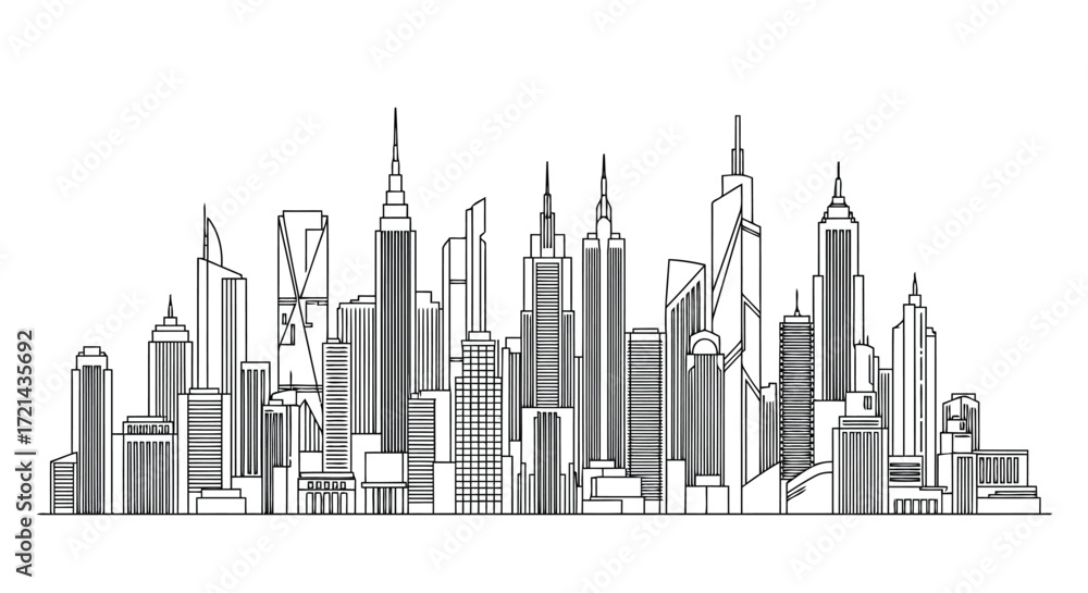 Obraz premium Vector illustration of city skyline in outline style drawing