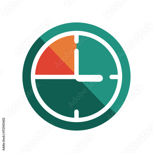 Flat lay image of a teal and orange segmented clock icon, illustrating time management against a white background, showcasing a