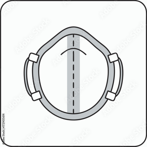 Flat lay image of a gray N95 respirator mask with elastic straps, showing its design details against a white background.  The image
