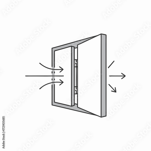 Isometric illustration of an open ventilation panel with airflow, showcasing a neutral color palette against a white background.