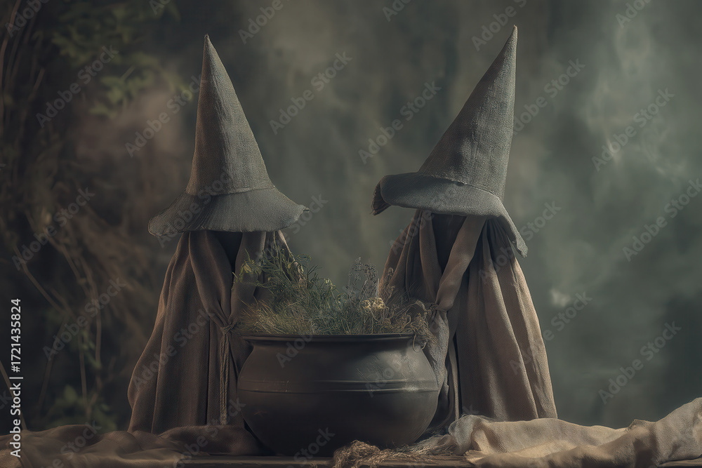 Fototapeta premium Vintage witch-hat ghosts beside rustic cauldron bubbling herbs in soft candlelight haze, forest green & charcoal tones