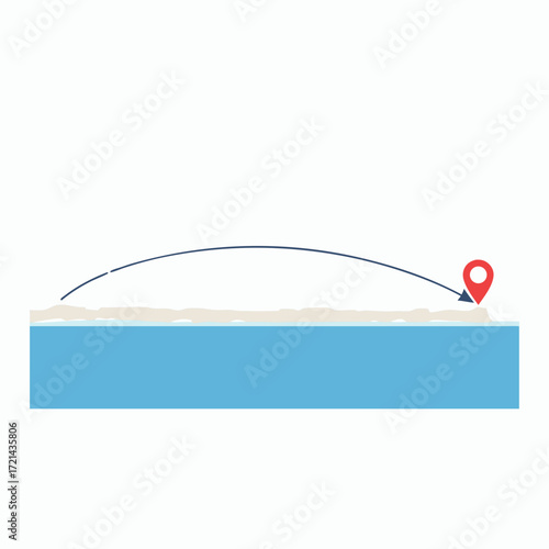 High-angle flat lay of a location pin icon on a sandy beach, signifying travel destination, with a calm blue ocean background,