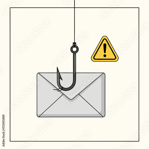Flat lay illustration of a phishing email pierced by a fishing hook,  against a clean white background; conveying a cautionary mood
