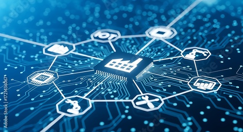 Digital industrial network on a circuit board, connecting smart factory automation and IoT technology