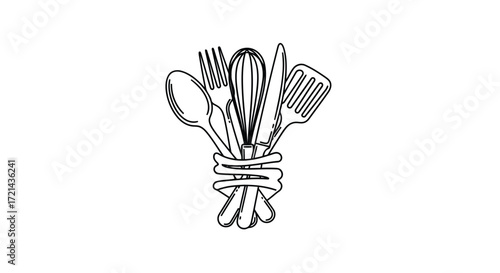 Vector illustration of kitchen utensils tied together for cooking