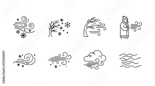 Collection of weather icons depicting wind and snow in a simple silhouette style