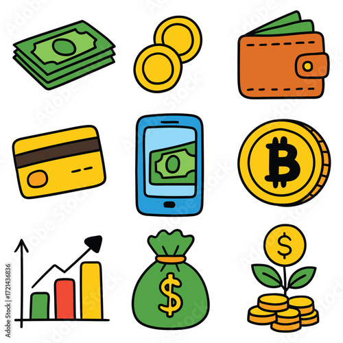 Hand-drawn cartoon finance icon set isolated on white background. Banknotes, coins, wallet, credit or debit card, money transfer, bitcoin, growing graph, money bag, growing money. Vector illustration.