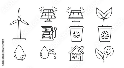 Vector illustration of linear icons of green energy sources